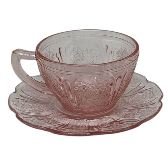 Pink Depression Glass Coffee Cups Saucers Cherry Blossom Jeannette Glass 3 Vtg - Picture 6 of 15